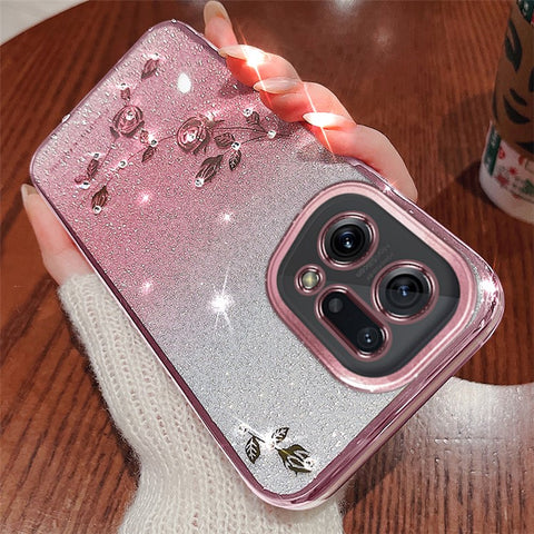 KADEM TPU Phone Case for Oppo Find X5, Flower Pattern Rhinestone Gradient Color Glitter Powder Back Cover
