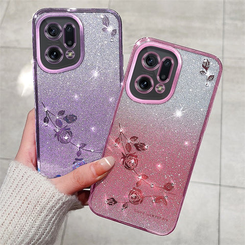 KADEM TPU Phone Case for Oppo Find X5, Flower Pattern Rhinestone Gradient Color Glitter Powder Back Cover