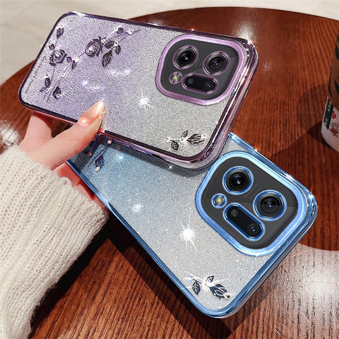 KADEM TPU Phone Case for Oppo Find X5, Flower Pattern Rhinestone Gradient Color Glitter Powder Back Cover