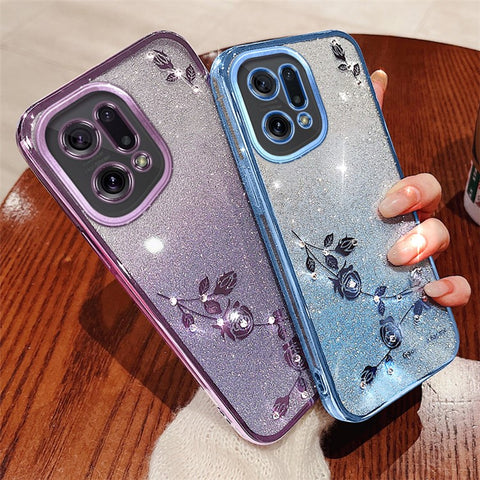 KADEM TPU Phone Case for Oppo Find X5, Flower Pattern Rhinestone Gradient Color Glitter Powder Back Cover