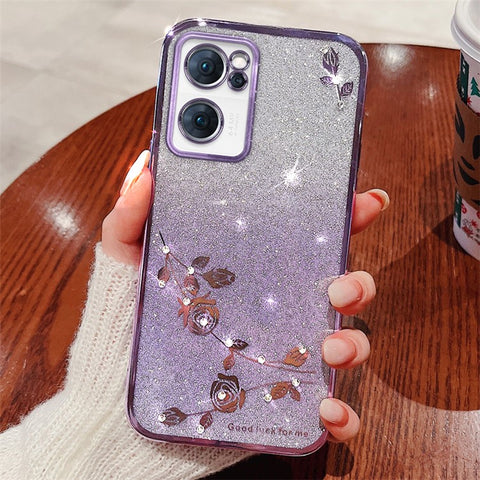 KADEM Shiny Rhinestone Phone Case for Oppo Reno7 5G (Global), Gradient Color Glitter Powder Flower Pattern TPU Protective Cover