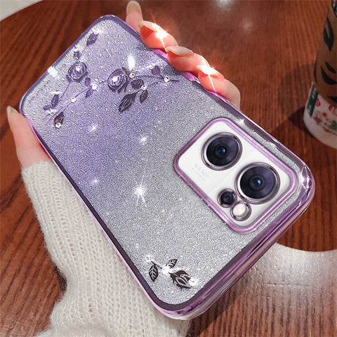 KADEM Shiny Rhinestone Phone Case for Oppo Reno7 5G (Global), Gradient Color Glitter Powder Flower Pattern TPU Protective Cover