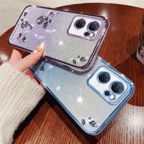 KADEM Shiny Rhinestone Phone Case for Oppo Reno7 5G (Global), Gradient Color Glitter Powder Flower Pattern TPU Protective Cover