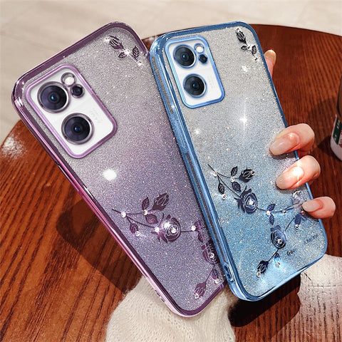 KADEM Shiny Rhinestone Phone Case for Oppo Reno7 5G (Global), Gradient Color Glitter Powder Flower Pattern TPU Protective Cover