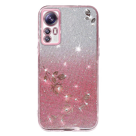 KADEM Flower Pattern TPU Case for Xiaomi 12 5G / 12X 5G / 12S 5G, Gradient Color Glitter Powder Phone Cover with Rhinestone Decor