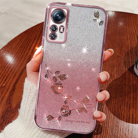 KADEM Flower Pattern TPU Case for Xiaomi 12 5G / 12X 5G / 12S 5G, Gradient Color Glitter Powder Phone Cover with Rhinestone Decor