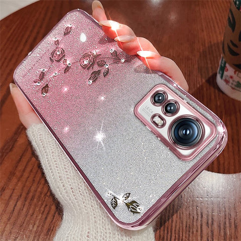 KADEM Flower Pattern TPU Case for Xiaomi 12 5G / 12X 5G / 12S 5G, Gradient Color Glitter Powder Phone Cover with Rhinestone Decor