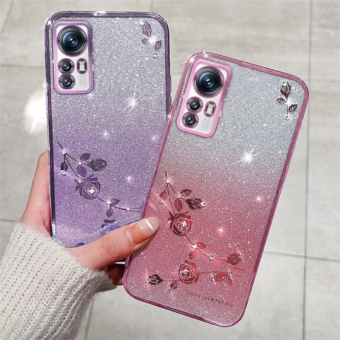 KADEM Flower Pattern TPU Case for Xiaomi 12 5G / 12X 5G / 12S 5G, Gradient Color Glitter Powder Phone Cover with Rhinestone Decor