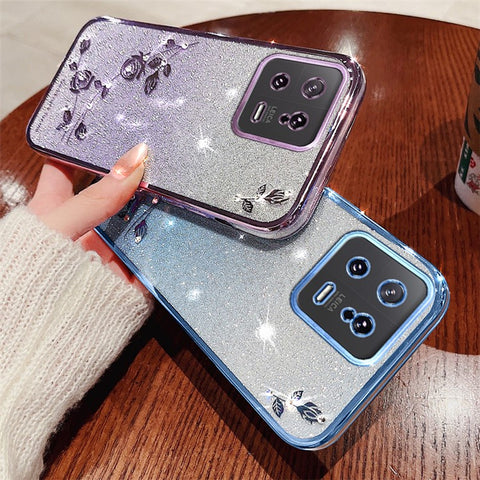 KADEM For Xiaomi 13 5G Flexible TPU Protective Cover Glitter Powder Flower Pattern Rhinestone Decor Smartphone Case