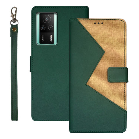 IDEWEI For Xiaomi Redmi K60E 5G Color Splicing PU Leather Magnetic Phone Case Card Holder Shockproof Phone Cover with Wrist Strap