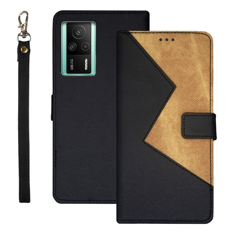 IDEWEI For Xiaomi Redmi K60E 5G Color Splicing PU Leather Magnetic Phone Case Card Holder Shockproof Phone Cover with Wrist Strap