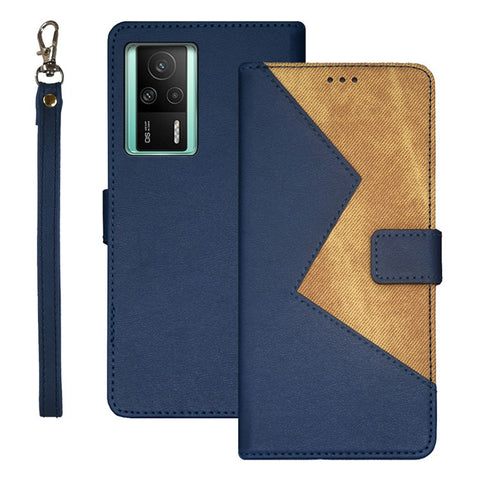 IDEWEI For Xiaomi Redmi K60E 5G Color Splicing PU Leather Magnetic Phone Case Card Holder Shockproof Phone Cover with Wrist Strap