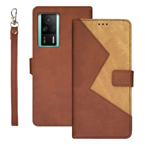 IDEWEI For Xiaomi Redmi K60E 5G Color Splicing PU Leather Magnetic Phone Case Card Holder Shockproof Phone Cover with Wrist Strap