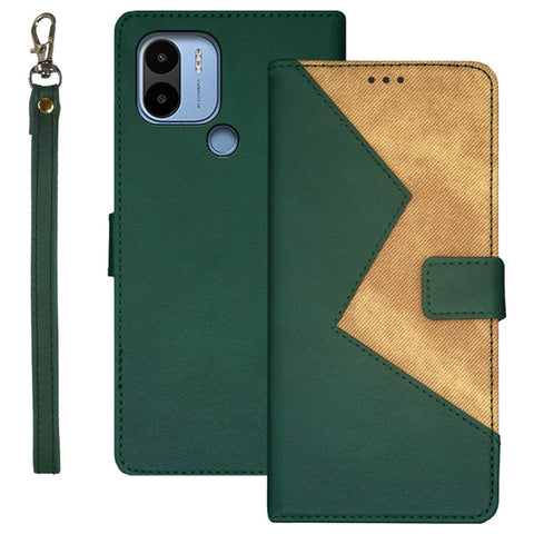 IDEWEI For Xiaomi Redmi A1+ 4G / A2+ 4G / Poco C50 4G Card Slots Color Splicing Fully Wrapped Leather Magnetic Phone Case with Wrist Strap