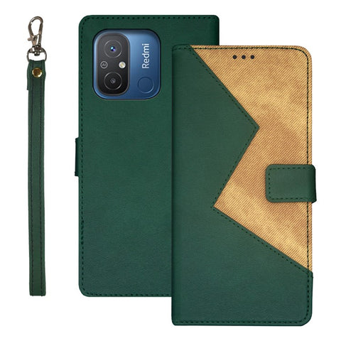 IDEWEI For Xiaomi Redmi 12C 4G Color Splicing Phone Cover with Card Slots Anti-drop PU Leather Magnetic Phone Case with Wrist Strap