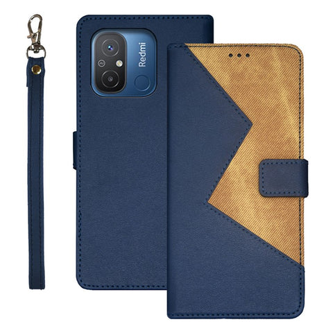 IDEWEI For Xiaomi Redmi 12C 4G Color Splicing Phone Cover with Card Slots Anti-drop PU Leather Magnetic Phone Case with Wrist Strap