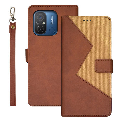IDEWEI For Xiaomi Redmi 12C 4G Color Splicing Phone Cover with Card Slots Anti-drop PU Leather Magnetic Phone Case with Wrist Strap