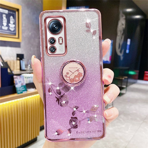KADEM For Xiaomi 12X 5G / 12 5G / 12S 5G TPU Case with Kickstand Glitter Flower Pattern Rhinestone Decor
