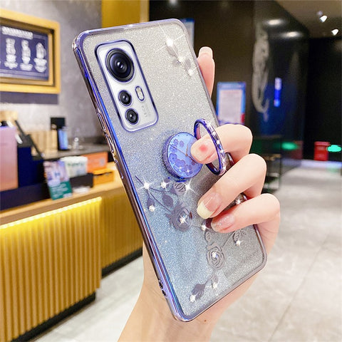 KADEM For Xiaomi 12X 5G / 12 5G / 12S 5G TPU Case with Kickstand Glitter Flower Pattern Rhinestone Decor