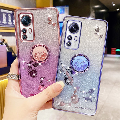 KADEM For Xiaomi 12X 5G / 12 5G / 12S 5G TPU Case with Kickstand Glitter Flower Pattern Rhinestone Decor