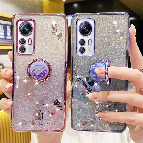 KADEM For Xiaomi 12X 5G / 12 5G / 12S 5G TPU Case with Kickstand Glitter Flower Pattern Rhinestone Decor