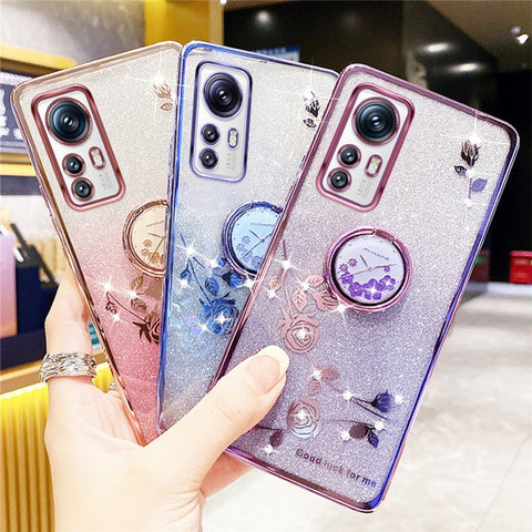 KADEM For Xiaomi 12X 5G / 12 5G / 12S 5G TPU Case with Kickstand Glitter Flower Pattern Rhinestone Decor