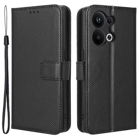Anti-fall Phone Cover for Oppo Reno9 Pro+ 5G, Magnetic Clasp Diamond Texture PU Leather Anti-scratch Adjustable Stand Wallet Phone Case