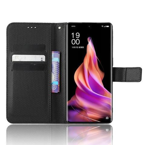 Anti-fall Phone Cover for Oppo Reno9 Pro+ 5G, Magnetic Clasp Diamond Texture PU Leather Anti-scratch Adjustable Stand Wallet Phone Case