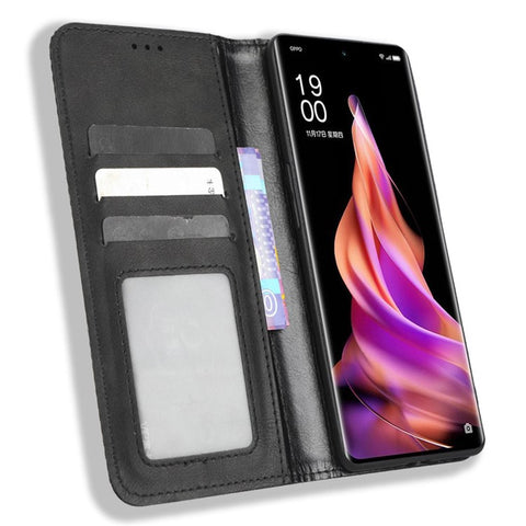 For Oppo Reno9 Pro+ 5G Magnetic Auto Closing Phone Case Viewing Stand Retro Texture Imprinted Pattern PU Leather Flip Wallet Phone Cover