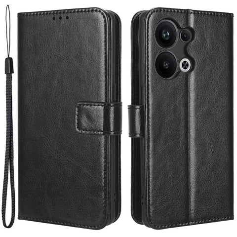For Oppo Reno9 Pro+ 5G Crazy Horse Texture Magnetic Cell Phone Case Flip Wallet Stand Bump Proof PU Leather Phone Cover with Strap