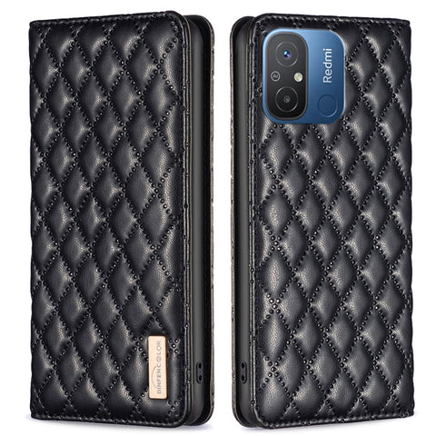 BINFEN COLOR BF Style-16 For Xiaomi Redmi 12C 4G Imprinted Rhombus PU Leather Case Card Holder Magnetic Absorption Phone Cover