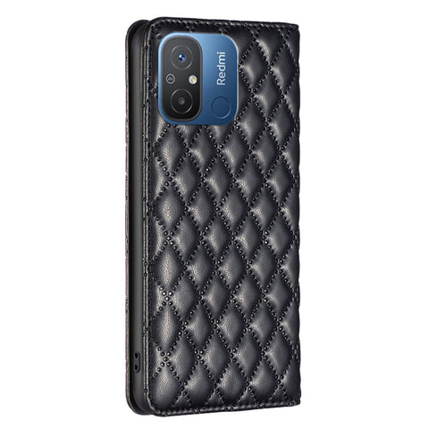 BINFEN COLOR BF Style-16 For Xiaomi Redmi 12C 4G Imprinted Rhombus PU Leather Case Card Holder Magnetic Absorption Phone Cover