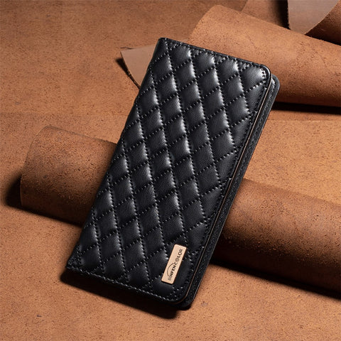 BINFEN COLOR BF Style-16 For Xiaomi Redmi 12C 4G Imprinted Rhombus PU Leather Case Card Holder Magnetic Absorption Phone Cover