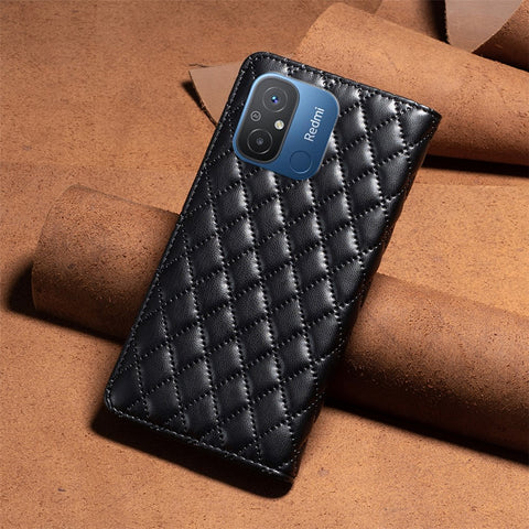 BINFEN COLOR BF Style-16 For Xiaomi Redmi 12C 4G Imprinted Rhombus PU Leather Case Card Holder Magnetic Absorption Phone Cover