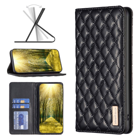 BINFEN COLOR BF Style-16 For Xiaomi Redmi 12C 4G Imprinted Rhombus PU Leather Case Card Holder Magnetic Absorption Phone Cover