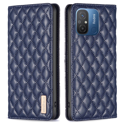 BINFEN COLOR BF Style-16 For Xiaomi Redmi 12C 4G Imprinted Rhombus PU Leather Case Card Holder Magnetic Absorption Phone Cover