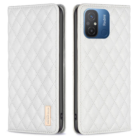 BINFEN COLOR BF Style-16 For Xiaomi Redmi 12C 4G Imprinted Rhombus PU Leather Case Card Holder Magnetic Absorption Phone Cover