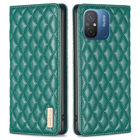 BINFEN COLOR BF Style-16 For Xiaomi Redmi 12C 4G Imprinted Rhombus PU Leather Case Card Holder Magnetic Absorption Phone Cover