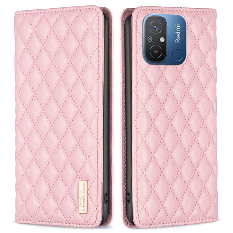 BINFEN COLOR BF Style-16 For Xiaomi Redmi 12C 4G Imprinted Rhombus PU Leather Case Card Holder Magnetic Absorption Phone Cover