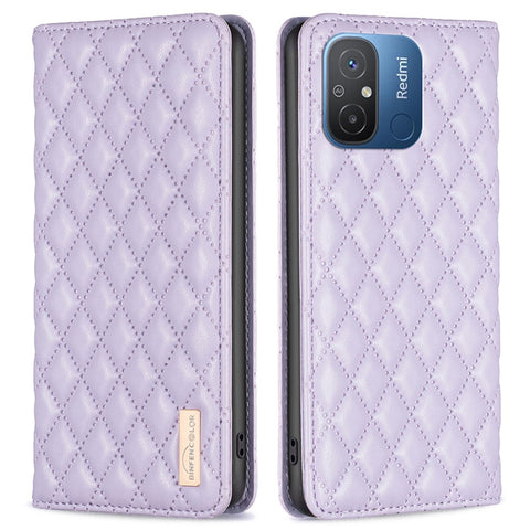 BINFEN COLOR BF Style-16 For Xiaomi Redmi 12C 4G Imprinted Rhombus PU Leather Case Card Holder Magnetic Absorption Phone Cover
