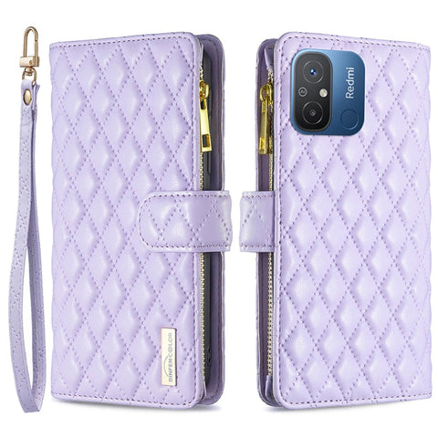 BINFEN COLOR BF Style-15 for Xiaomi Redmi 12C 4G PU Leather Wallet Case Stand Zipper Pocket Phone Anti-drop Cover with Strap