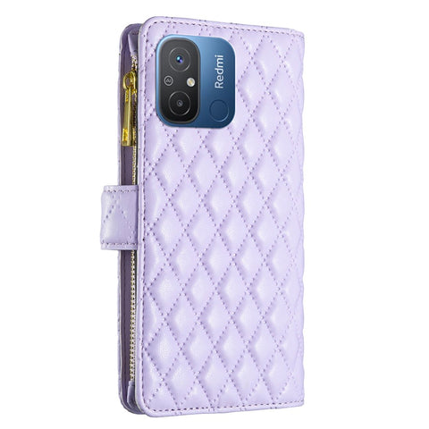BINFEN COLOR BF Style-15 for Xiaomi Redmi 12C 4G PU Leather Wallet Case Stand Zipper Pocket Phone Anti-drop Cover with Strap
