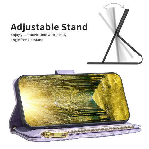 BINFEN COLOR BF Style-15 for Xiaomi Redmi 12C 4G PU Leather Wallet Case Stand Zipper Pocket Phone Anti-drop Cover with Strap