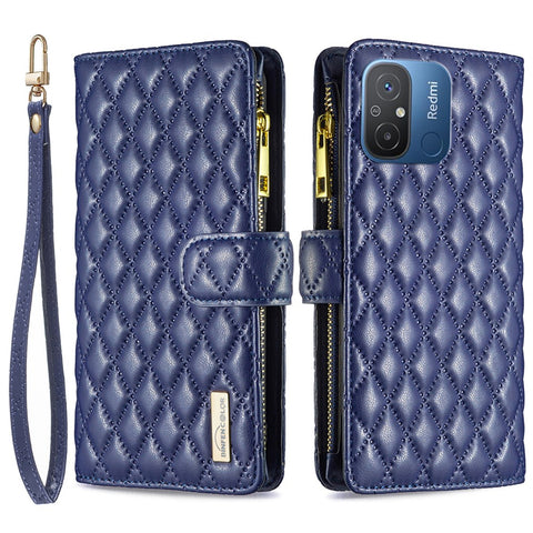 BINFEN COLOR BF Style-15 for Xiaomi Redmi 12C 4G PU Leather Wallet Case Stand Zipper Pocket Phone Anti-drop Cover with Strap