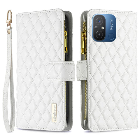 BINFEN COLOR BF Style-15 for Xiaomi Redmi 12C 4G PU Leather Wallet Case Stand Zipper Pocket Phone Anti-drop Cover with Strap