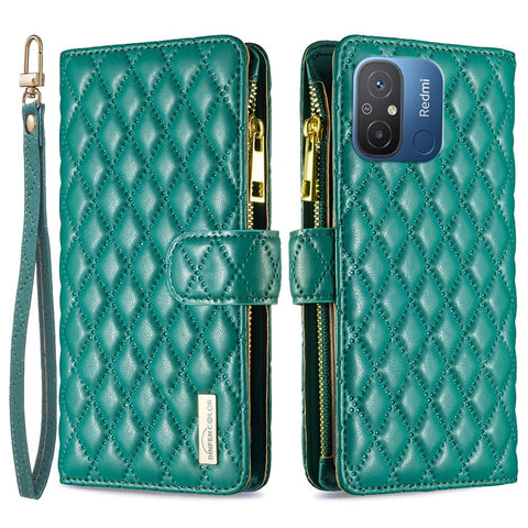 BINFEN COLOR BF Style-15 for Xiaomi Redmi 12C 4G PU Leather Wallet Case Stand Zipper Pocket Phone Anti-drop Cover with Strap