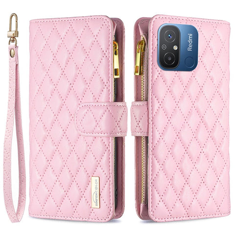 BINFEN COLOR BF Style-15 for Xiaomi Redmi 12C 4G PU Leather Wallet Case Stand Zipper Pocket Phone Anti-drop Cover with Strap