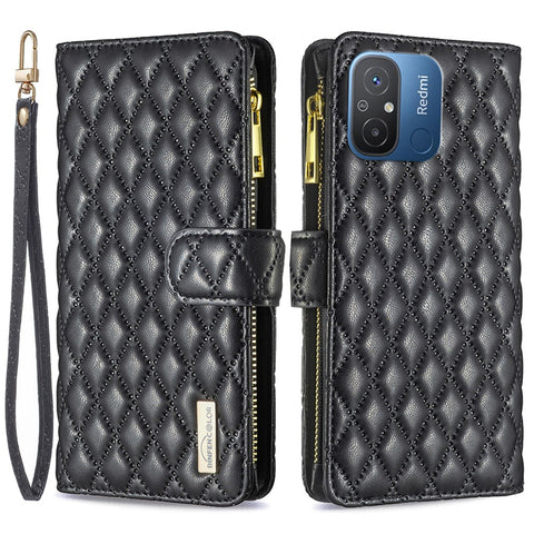 BINFEN COLOR BF Style-15 for Xiaomi Redmi 12C 4G PU Leather Wallet Case Stand Zipper Pocket Phone Anti-drop Cover with Strap