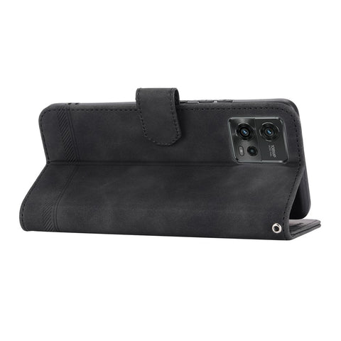 DIERFENG DF-03 Wallet Stand Phone Case for Motorola Moto G72 4G, PU Leather Lines Imprinted Shockproof Cover