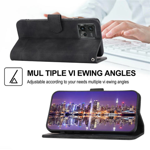DIERFENG DF-03 Wallet Stand Phone Case for Motorola Moto G72 4G, PU Leather Lines Imprinted Shockproof Cover